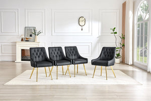 English Elm Leather Faux Upholstered Dining Chair Set Diamond Tufted Gold Legs Cafe Office Black W3493P462034