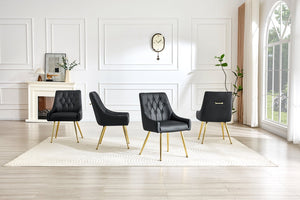 English Elm Leather Faux Upholstered Dining Chair Set Diamond Tufted Gold Legs Cafe Office Black W3493P462034