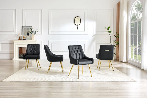 English Elm Leather Faux Upholstered Dining Chair Set Diamond Tufted Gold Legs Cafe Office Black W3493P462034