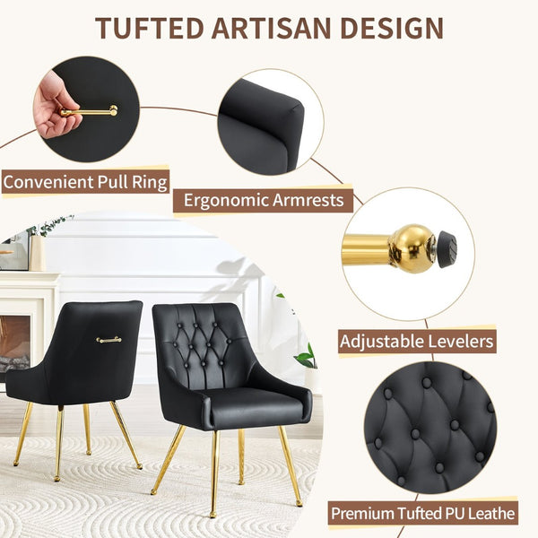 English Elm Leather Faux Upholstered Dining Chair Set Diamond Tufted Gold Legs Cafe Office Black W3493P462034