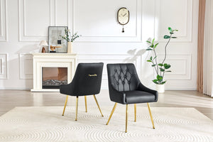 English Elm Leather Faux Upholstered Dining Chair Set Diamond Tufted Gold Legs Cafe Office Black W3493P462034