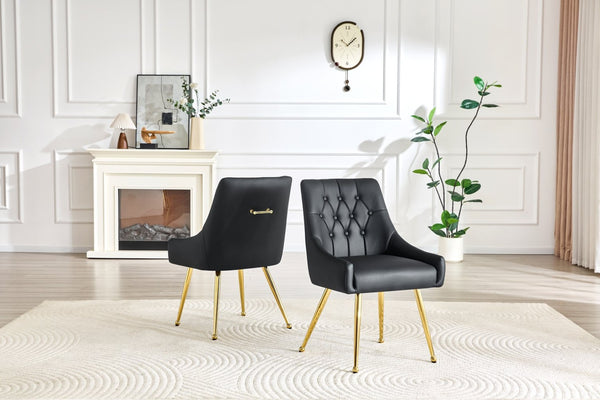 English Elm Leather Faux Upholstered Dining Chair Set Diamond Tufted Gold Legs Cafe Office Black W3493P462034