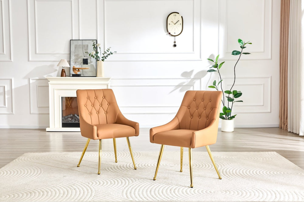 English Elm Leather Diamond Tufted Dining Chair Set with Gold Legs and Integrated Back Handle W3493P462035