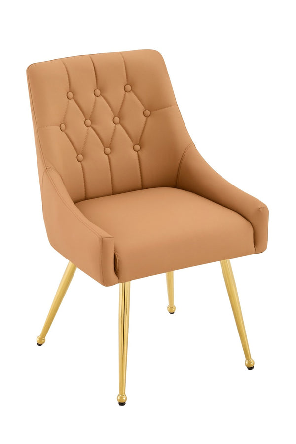English Elm Leather Diamond Tufted Dining Chair Set with Gold Legs and Integrated Back Handle W3493P462035