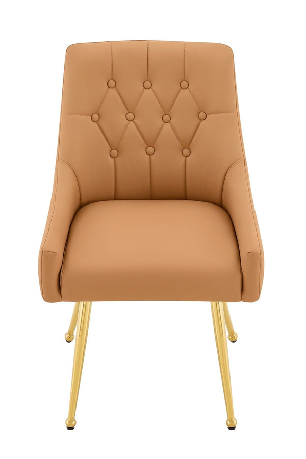 English Elm Leather Diamond Tufted Dining Chair Set with Gold Legs and Integrated Back Handle W3493P462035