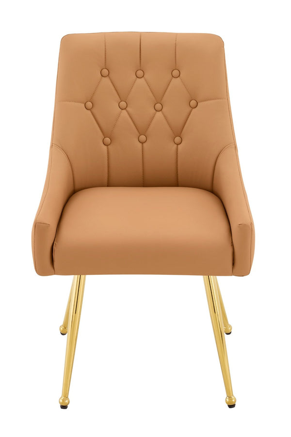 English Elm Leather Diamond Tufted Dining Chair Set with Gold Legs and Integrated Back Handle W3493P462035
