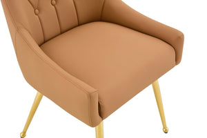 English Elm Leather Diamond Tufted Dining Chair Set with Gold Legs and Integrated Back Handle W3493P462035