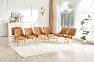 English Elm Leather Diamond Tufted Dining Chair Set with Gold Legs and Integrated Back Handle W3493P462035