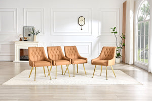 English Elm Leather Diamond Tufted Dining Chair Set with Gold Legs and Integrated Back Handle W3493P462035