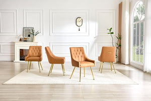 English Elm Leather Diamond Tufted Dining Chair Set with Gold Legs and Integrated Back Handle W3493P462035