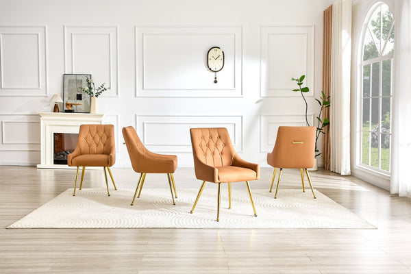 English Elm Leather Diamond Tufted Dining Chair Set with Gold Legs and Integrated Back Handle W3493P462035