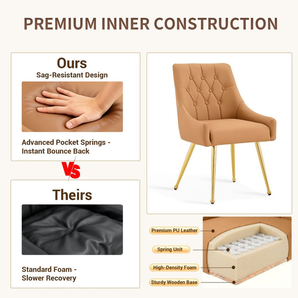 English Elm Leather Diamond Tufted Dining Chair Set with Gold Legs and Integrated Back Handle W3493P462035