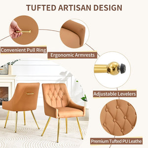 English Elm Leather Diamond Tufted Dining Chair Set with Gold Legs and Integrated Back Handle W3493P462035