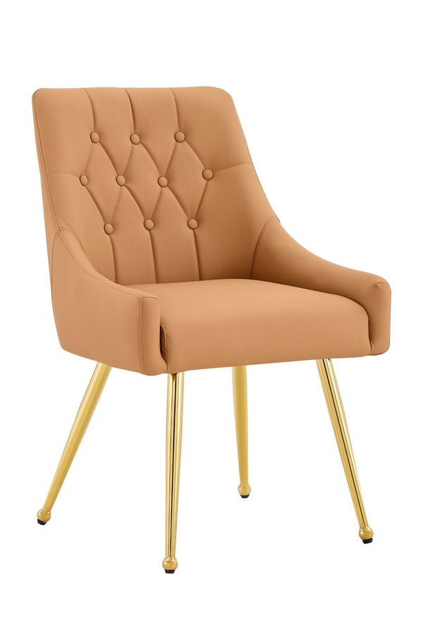English Elm Leather Diamond Tufted Dining Chair Set with Gold Legs and Integrated Back Handle W3493P462035