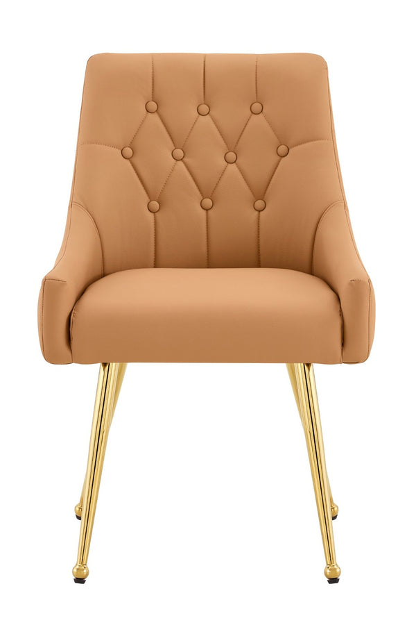 English Elm Leather Diamond Tufted Dining Chair Set with Gold Legs and Integrated Back Handle W3493P462035