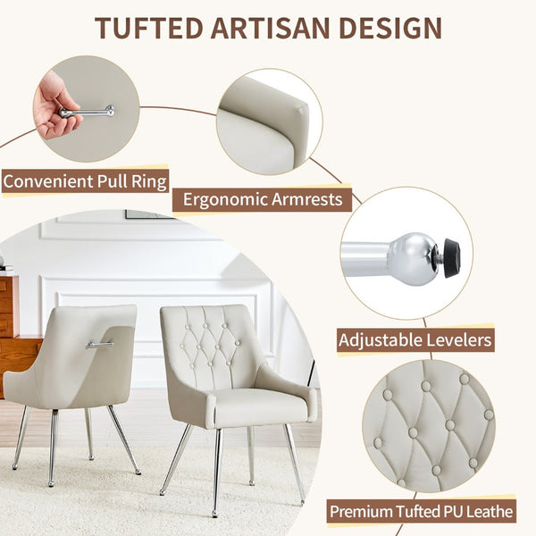 English Elm Leather Faux Upholstered Tufted Dining Chair Set with Gold Legs for Modern Interiors W3493P462036