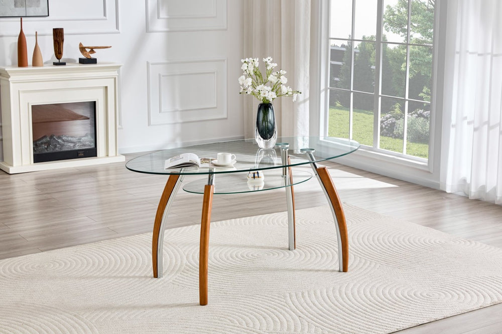 English Elm Modern Oval Two-tier Tempered Glass Coffee Table with Walnut Rubberwood Legs W3493S00022