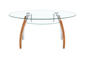 English Elm Modern Oval Two-tier Tempered Glass Coffee Table with Walnut Rubberwood Legs W3493S00022