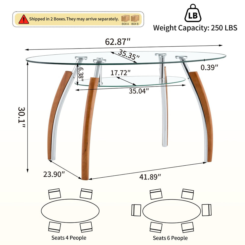 English Elm Modern Oval Two-tier Tempered Glass Coffee Table with Walnut Rubberwood Legs W3493S00022