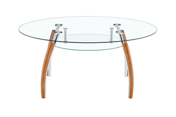 English Elm Modern Oval Two-tier Tempered Glass Coffee Table with Walnut Rubberwood Legs W3493S00022