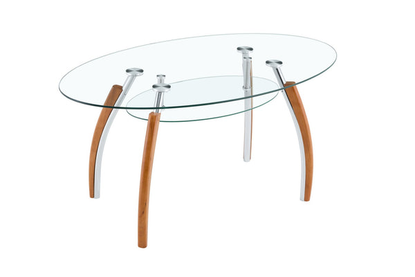 English Elm Modern Oval Two-tier Tempered Glass Coffee Table with Walnut Rubberwood Legs W3493S00022