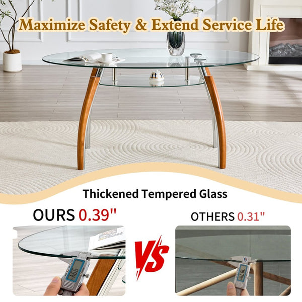 English Elm Modern Oval Two-tier Tempered Glass Coffee Table with Walnut Rubberwood Legs W3493S00022