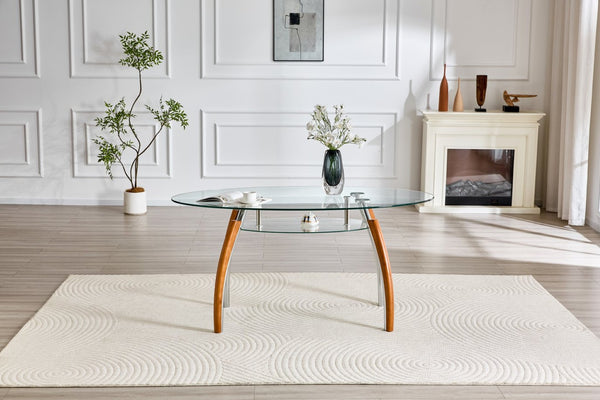 English Elm Modern Oval Two-tier Tempered Glass Coffee Table with Walnut Rubberwood Legs W3493S00022