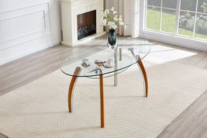 English Elm Modern Oval Two-tier Tempered Glass Coffee Table with Walnut Rubberwood Legs W3493S00022