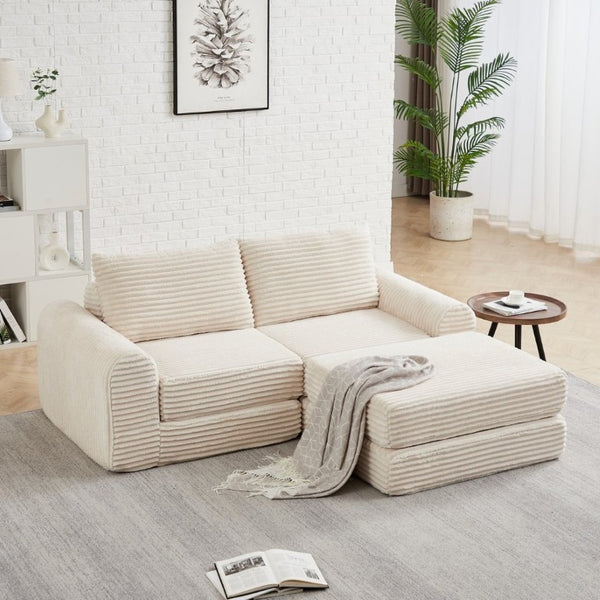 English Elm Minimalist Corduroy Convertible Sofa with Curved Silhouette for Studio or Guest Room Beige W3505P505109