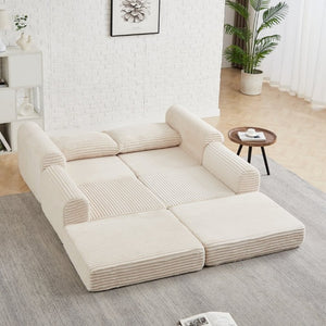 English Elm Minimalist Corduroy Convertible Sofa with Curved Silhouette for Studio or Guest Room Beige W3505P505109