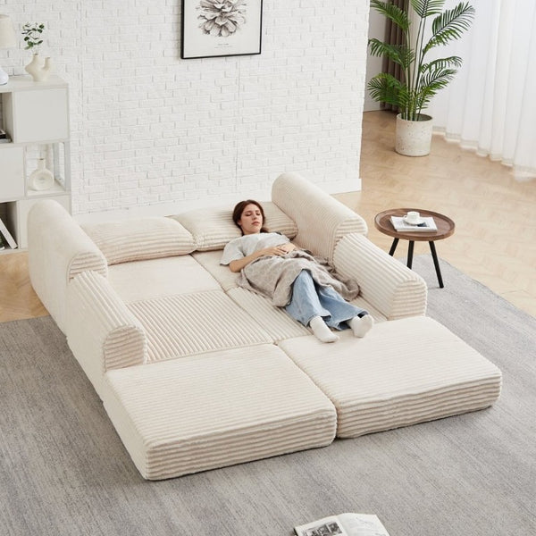 English Elm Minimalist Corduroy Convertible Sofa with Curved Silhouette for Studio or Guest Room Beige W3505P505109