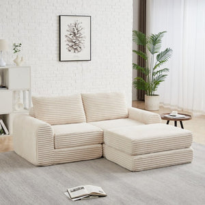 English Elm Minimalist Corduroy Convertible Sofa with Curved Silhouette for Studio or Guest Room Beige W3505P505109