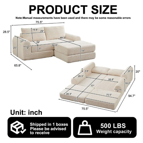 English Elm Minimalist Corduroy Convertible Sofa with Curved Silhouette for Studio or Guest Room Beige W3505P505109