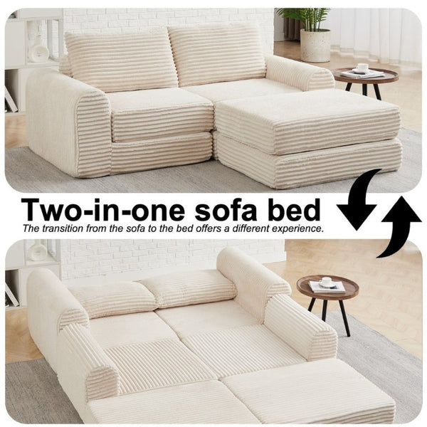 English Elm Minimalist Corduroy Convertible Sofa with Curved Silhouette for Studio or Guest Room Beige W3505P505109