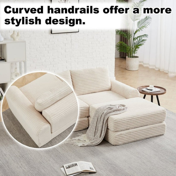 English Elm Minimalist Corduroy Convertible Sofa with Curved Silhouette for Studio or Guest Room Beige W3505P505109