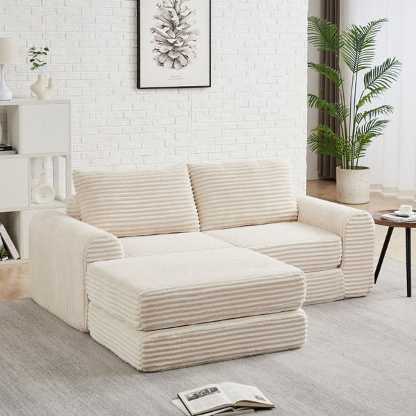 English Elm Minimalist Corduroy Convertible Sofa with Curved Silhouette for Studio or Guest Room Beige W3505P505109