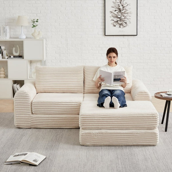 English Elm Minimalist Corduroy Convertible Sofa with Curved Silhouette for Studio or Guest Room Beige W3505P505109