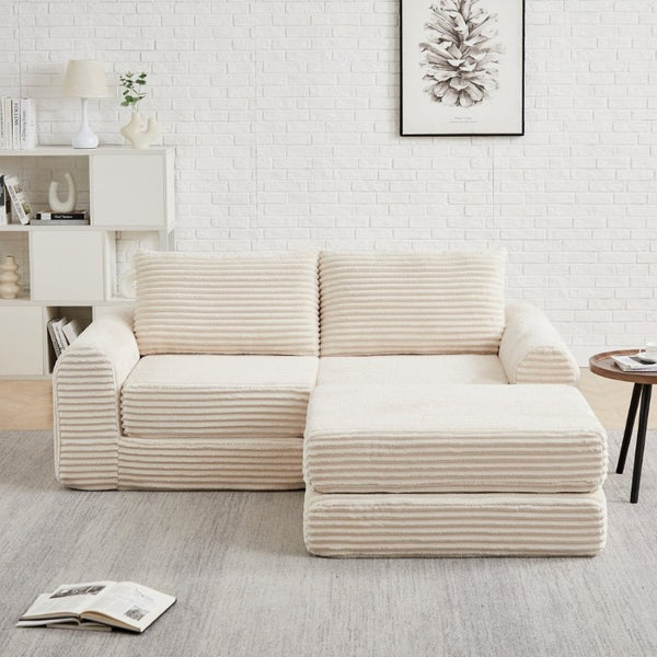 English Elm Minimalist Corduroy Convertible Sofa with Curved Silhouette for Studio or Guest Room Beige W3505P505109