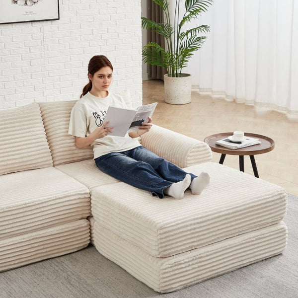English Elm Minimalist Corduroy Convertible Sofa with Curved Silhouette for Studio or Guest Room Beige W3505P505109