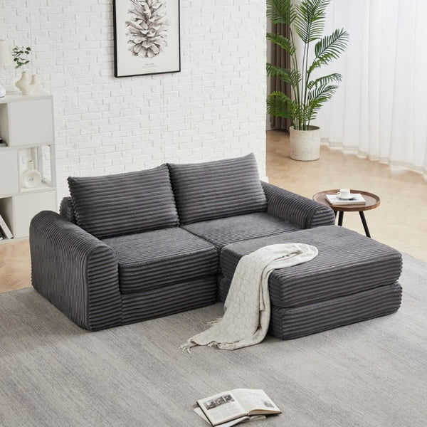 English Elm Minimalist Corduroy Convertible Sofa with Curved Silhouette for Studio or Guest Room Grey W3505P505110