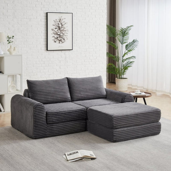 English Elm Minimalist Corduroy Convertible Sofa with Curved Silhouette for Studio or Guest Room Grey W3505P505110