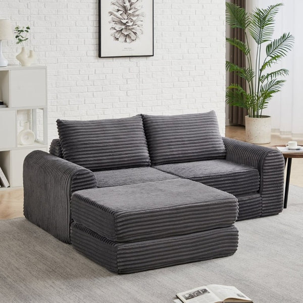 English Elm Minimalist Corduroy Convertible Sofa with Curved Silhouette for Studio or Guest Room Grey W3505P505110