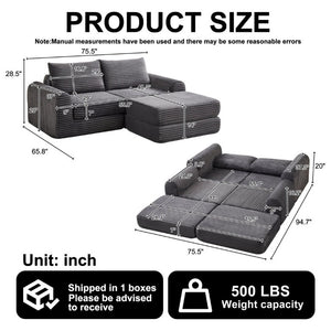 English Elm Minimalist Corduroy Convertible Sofa with Curved Silhouette for Studio or Guest Room Grey W3505P505110