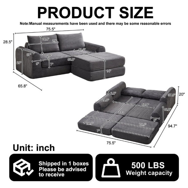 English Elm Minimalist Corduroy Convertible Sofa with Curved Silhouette for Studio or Guest Room Grey W3505P505110