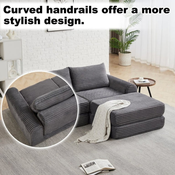 English Elm Minimalist Corduroy Convertible Sofa with Curved Silhouette for Studio or Guest Room Grey W3505P505110