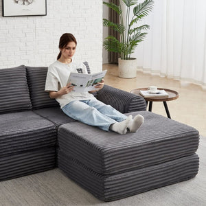English Elm Minimalist Corduroy Convertible Sofa with Curved Silhouette for Studio or Guest Room Grey W3505P505110
