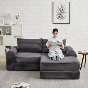 English Elm Minimalist Corduroy Convertible Sofa with Curved Silhouette for Studio or Guest Room Grey W3505P505110