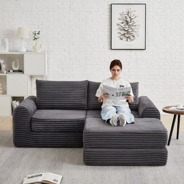 English Elm Minimalist Corduroy Convertible Sofa with Curved Silhouette for Studio or Guest Room Grey W3505P505110
