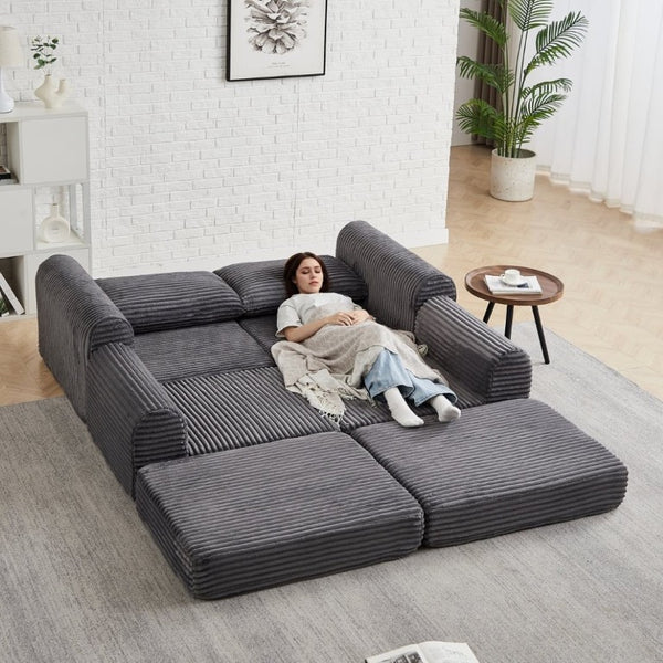 English Elm Minimalist Corduroy Convertible Sofa with Curved Silhouette for Studio or Guest Room Grey W3505P505110