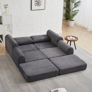 English Elm Minimalist Corduroy Convertible Sofa with Curved Silhouette for Studio or Guest Room Grey W3505P505110